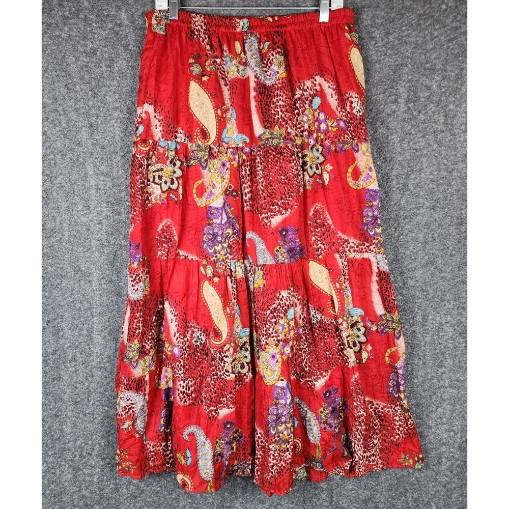 Bobbie Brooks Skirt Women Large Maxi Red Paisley Animal Print Tiered EUC